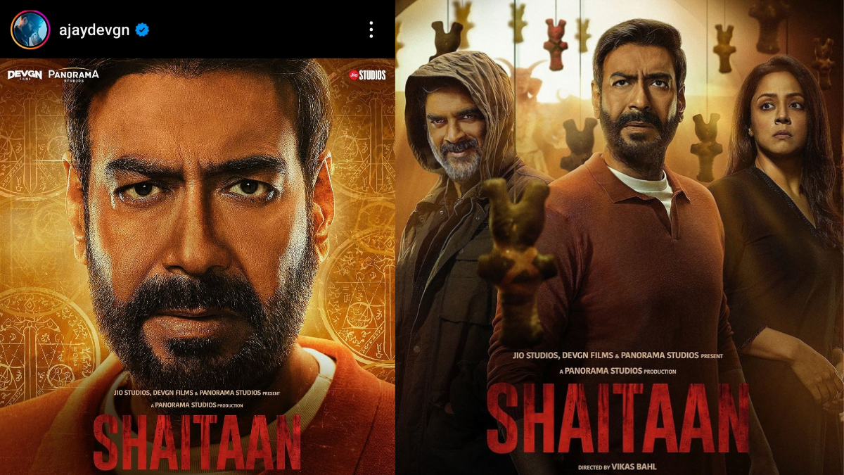 Alt text: "Ajay Devgan's 'Shaitaan' poster creates buzz with 'Drishyam' vibes. #AjayDevgan #Shaitaan